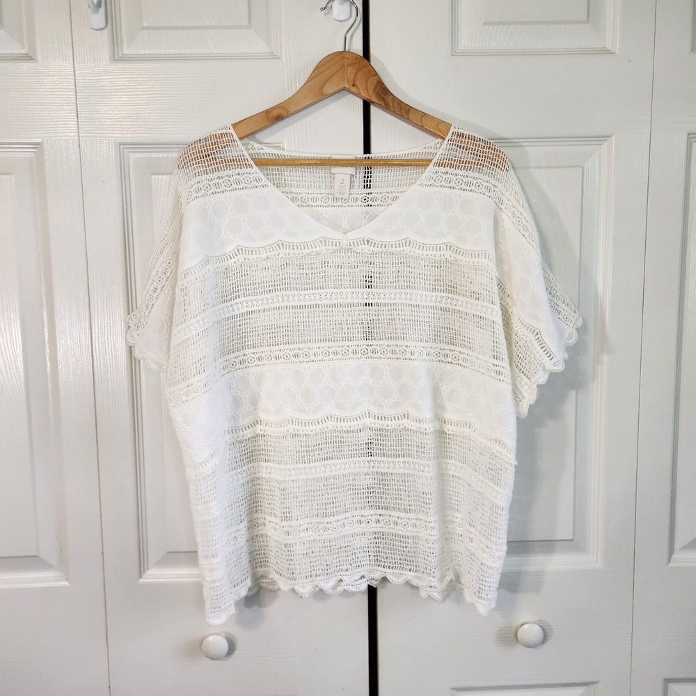 Chico's White Crochet Lace V-Neck‎ Top Short Sleeve Scalloped Hem Size 2/L